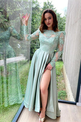 Newinlook Long Sleeves Dusty Sage Evening Dress Split With Lace